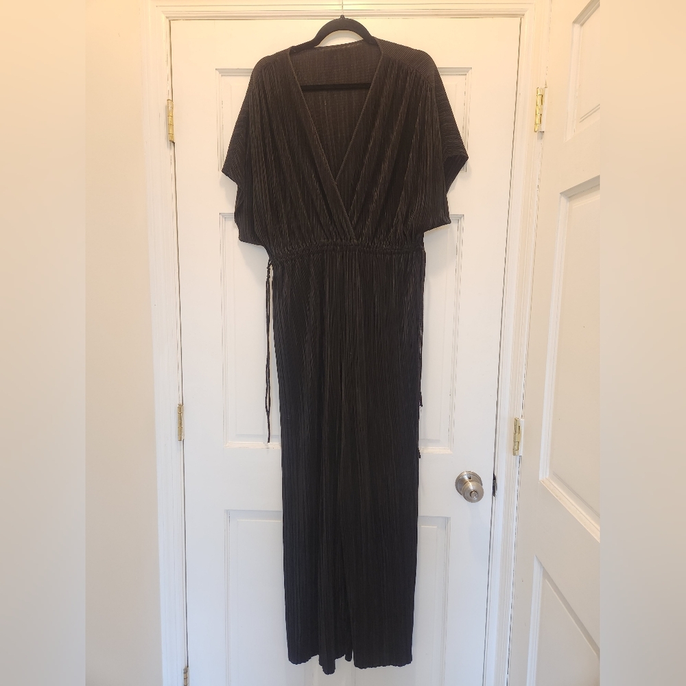 Zara Miyake Black Pleated Plunge Front Jumpsuit XL